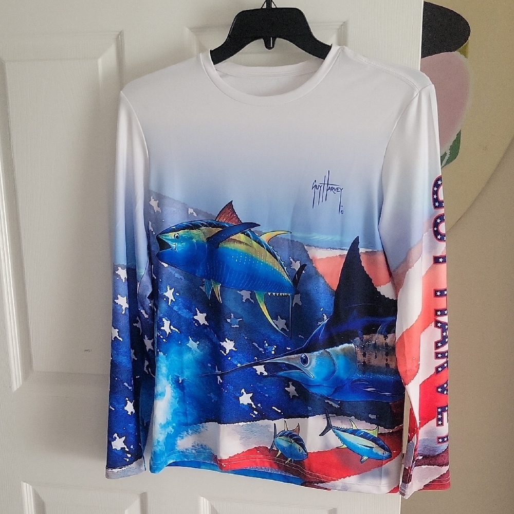 Guy Harvey SzSm Mens Patriotic Ocean Fish Graphic Long Sleeve boating Shirt